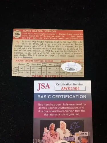 James Barton Vernon Baseball Card with JSA authentication for 1952 Topps Mickey Vernon Low Grade