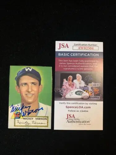Mickey Vernon Low Grade signed baseball card with JSA certification from Topps Mickey Vernon