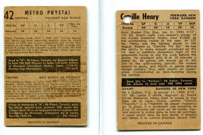 Two vintage trading cards featuring Metro Prystai and Camille Henry from 1953-54 Parkhurst