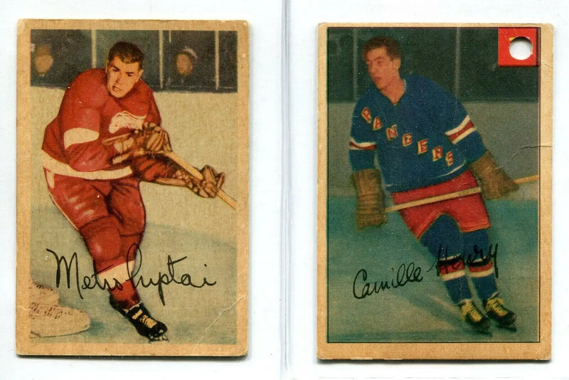 Vintage trading cards featuring Metro Prystai and Camille Henry from 1953-54 Parkhurst