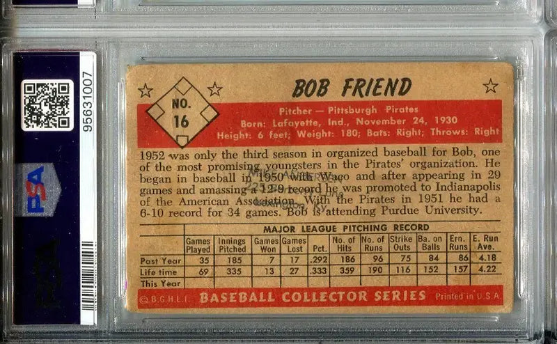 1953 Bowman #16 Signed Bob Friend PSA DNA Auto Pittsburgh Pirates - Baseball Card Single