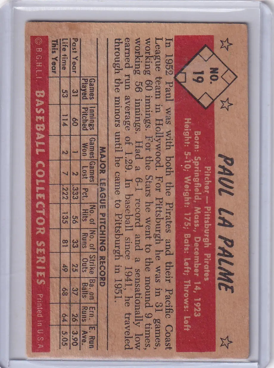 Vintage Paul La Palme baseball card from 1953 Bowman B&W series featuring Pittsburgh Pirates player