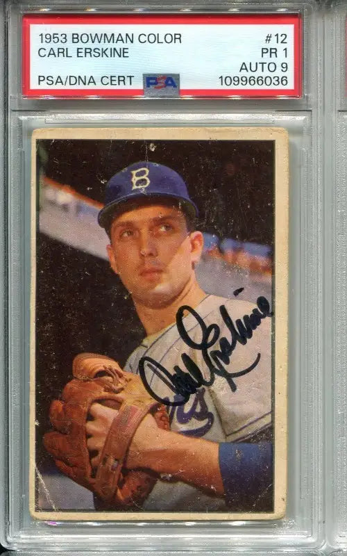 Vintage 1953 Bowman Carl Erskine Brooklyn Dodgers baseball card with autograph and PSA DNA certification