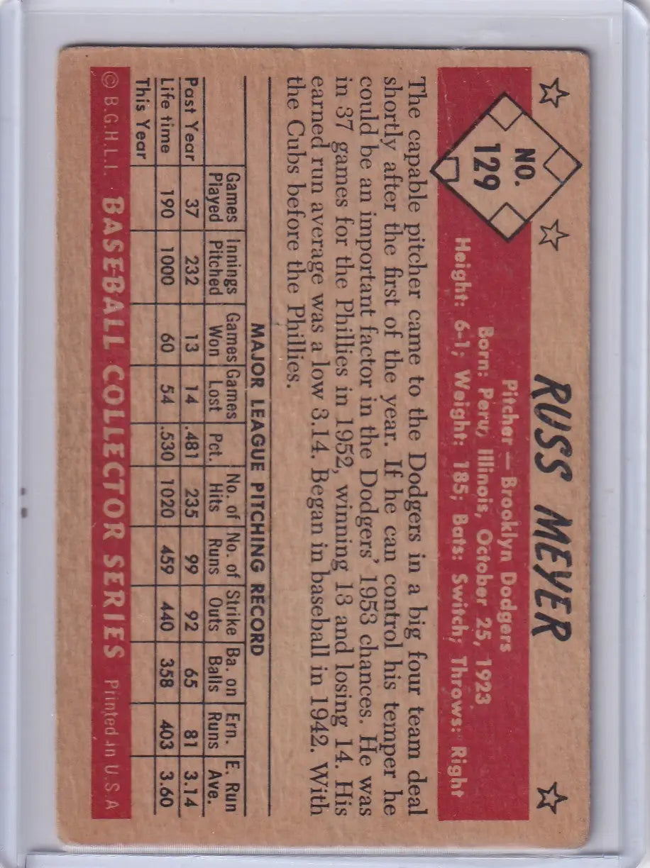1953 Bowman Color #129 Russ Meyer - Brooklyn Dodgers