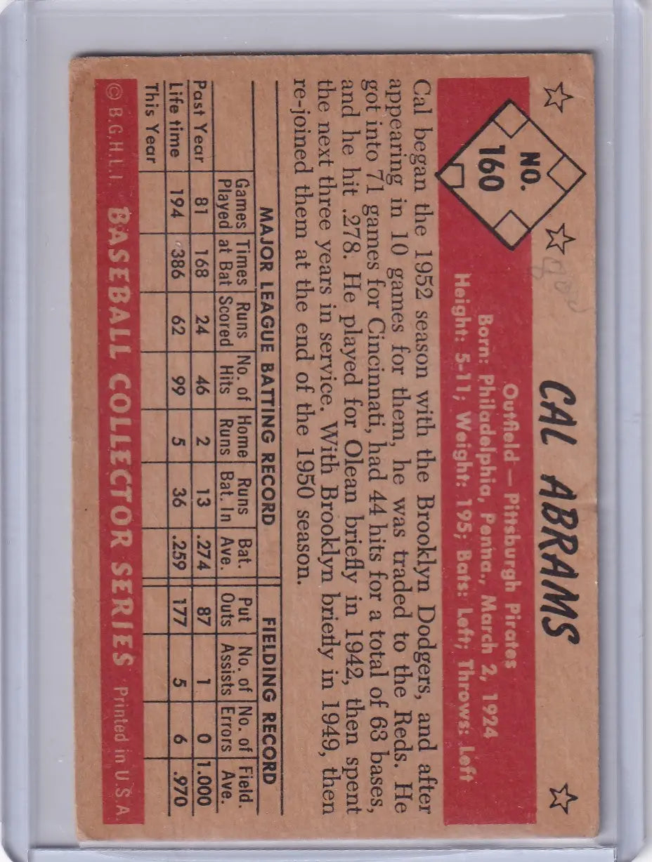 1953 Bowman Color Cal Abrams baseball card featuring Pittsburgh Pirates player