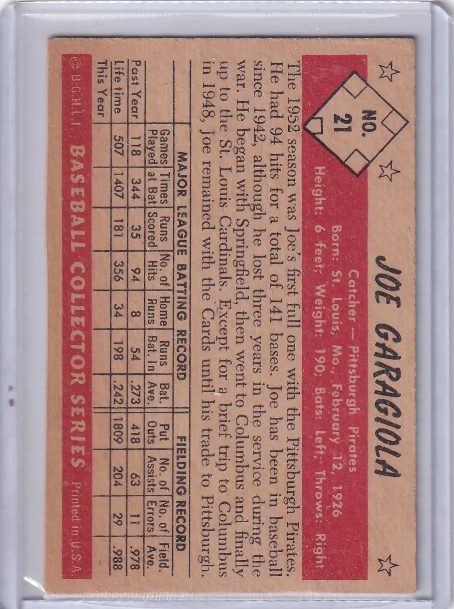 Back of 1953 Bowman Color Joe Garagiola baseball card Pittsburgh Pirates