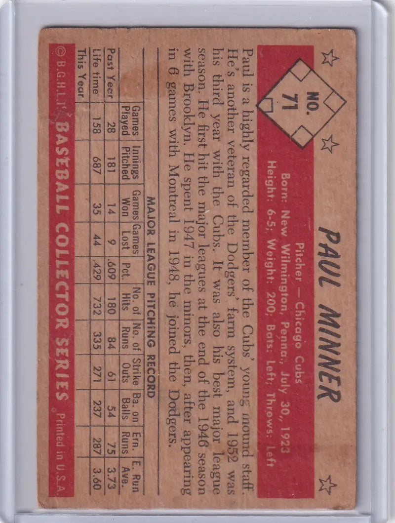 1953 Bowman Color #71 Paul Minner - Chicago Cubs
