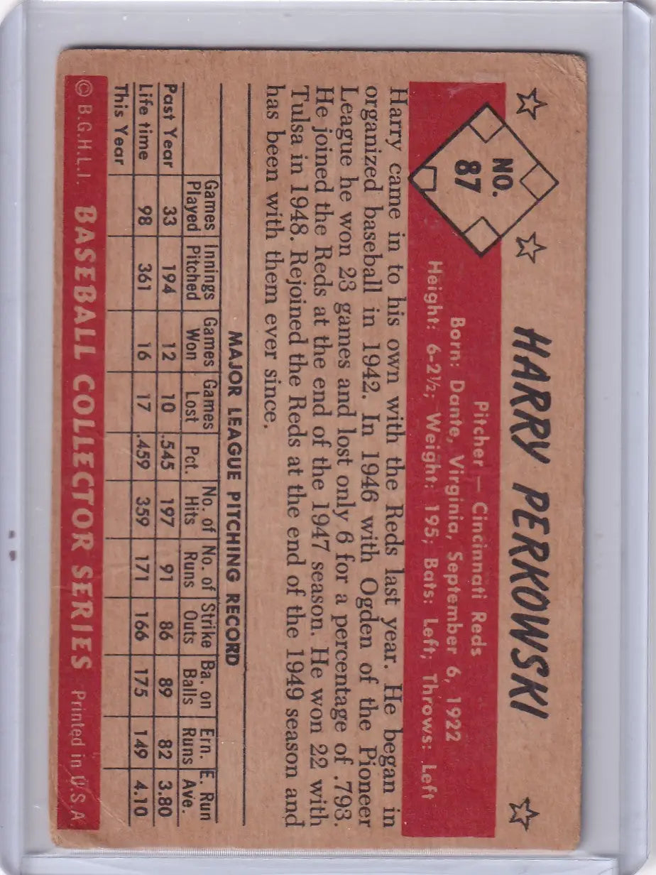 1953 Bowman Color #87 Harry Perkowski - Cincinnati Reds