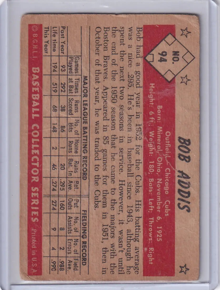 1953 Bowman Color #94 Bob Addis - Chicago Cubs