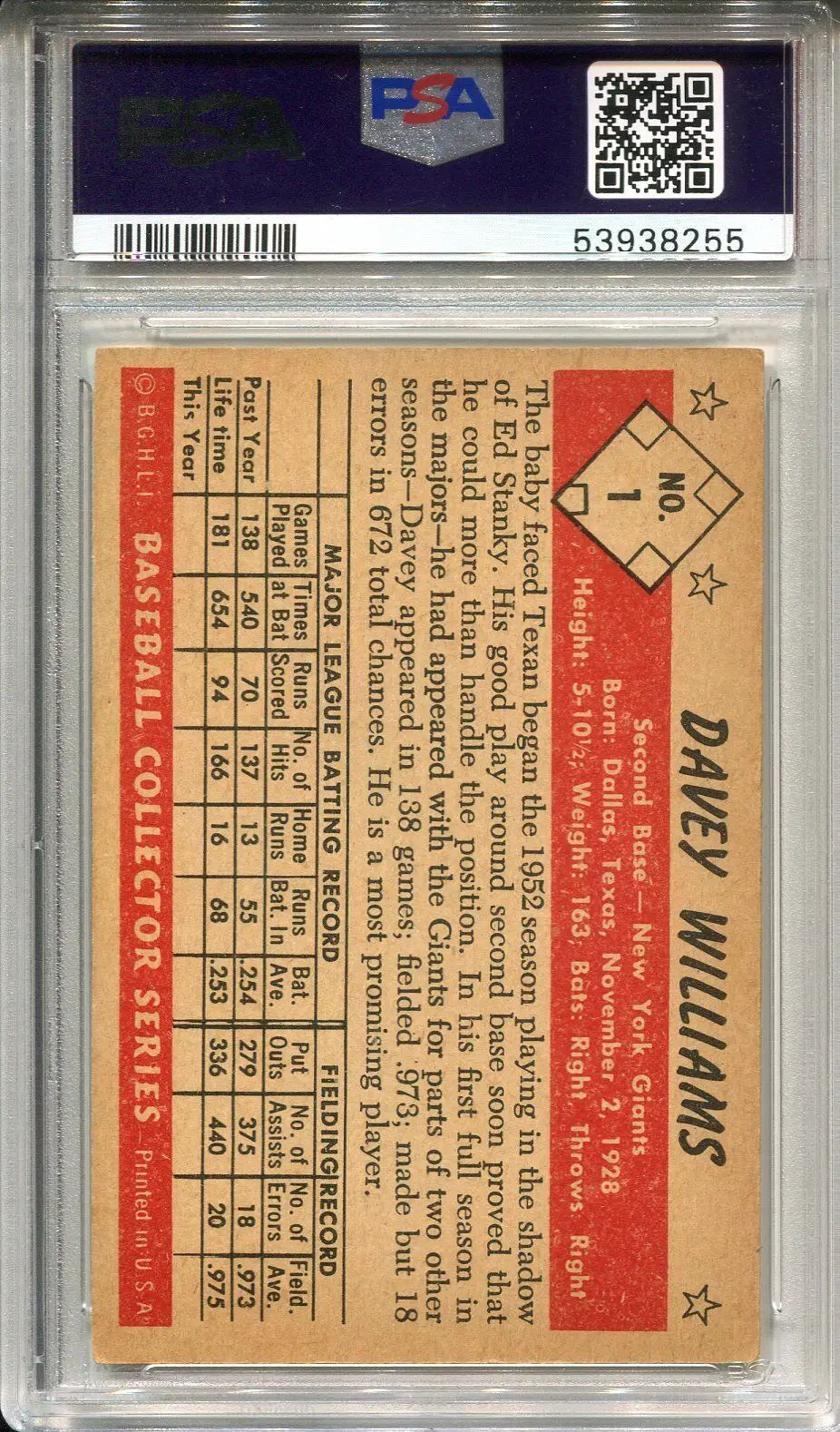 Graded 1953 Bowman Davey Williams #1 PSA 3 VG New York Giants Baseball Card image