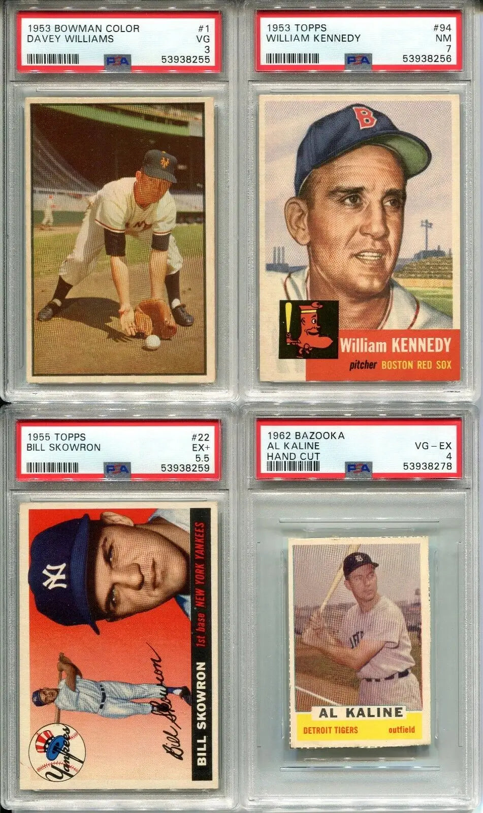 Four Vintage Baseball Cards including Bowman Davey Williams from 1953 New York Giants