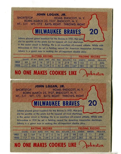 Two vintage 1953 Johnston Cookies Johnny Logan baseball cards for Milwaukee Braves collectors