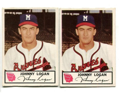 Two vintage Johnston Cookies Johnny Logan baseball cards from the Milwaukee Braves