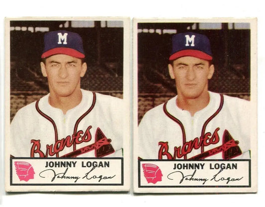 Two vintage Johnston Cookies Johnny Logan baseball cards from the Milwaukee Braves