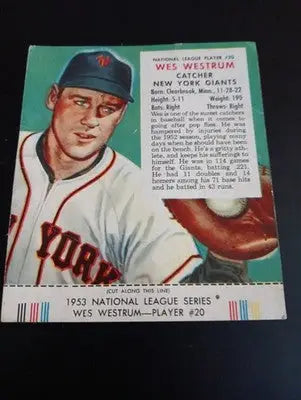 1953 Red Man Tobacco NL - #20 Wes Westrum. NY Giants. w/tab intact. VG+ - Baseball Card Single
