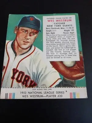 1953 Red Man Tobacco NL - #20 Wes Westrum. NY Giants. w/tab intact. VG+ - Baseball Card Single