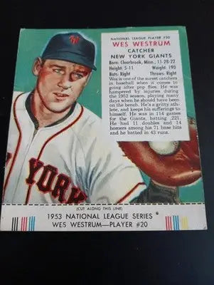1953 Red Man Tobacco NL - #20 Wes Westrum. NY Giants. w/tab intact. VG+ - Baseball Card Single