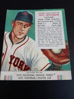 1953 Red Man Tobacco NL - #20 Wes Westrum. NY Giants. w/tab intact. VG+ - Baseball Card Single
