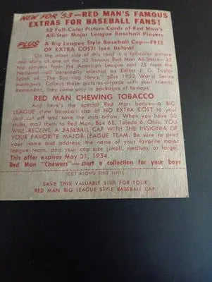 1953 Red Man Tobacco NL - #20 Wes Westrum. NY Giants. w/tab intact. VG+ - Baseball Card Single
