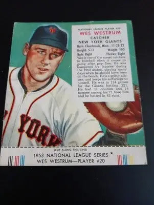 1953 Red Man Tobacco NL - #20 Wes Westrum. NY Giants. w/tab intact. VG+ - Baseball Card Single