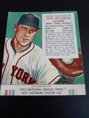 1953 Red Man Tobacco NL - #20 Wes Westrum. NY Giants. w/tab intact. VG+ - Baseball Card Single