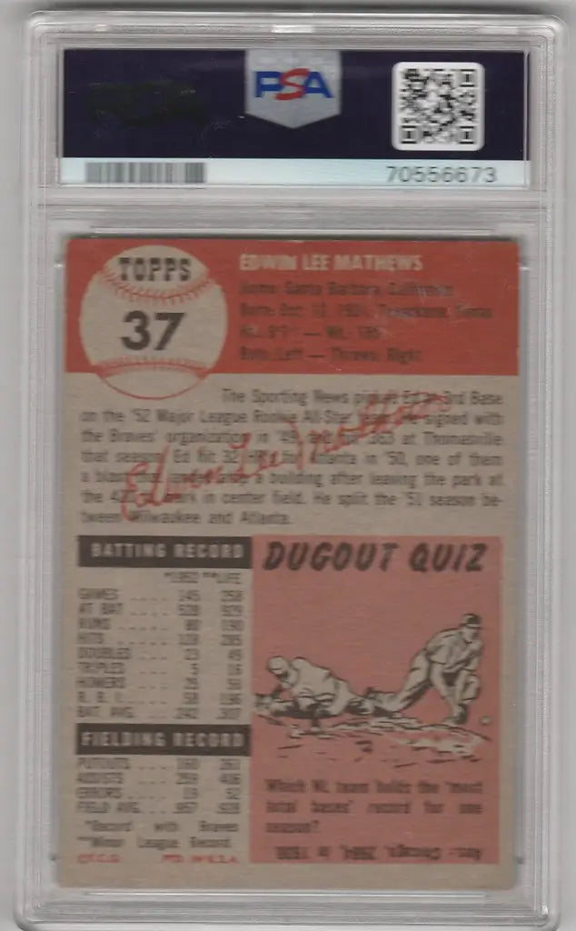 Vintage 1953 Topps Ed Mathews Boston Braves card in protective PSA graded holder