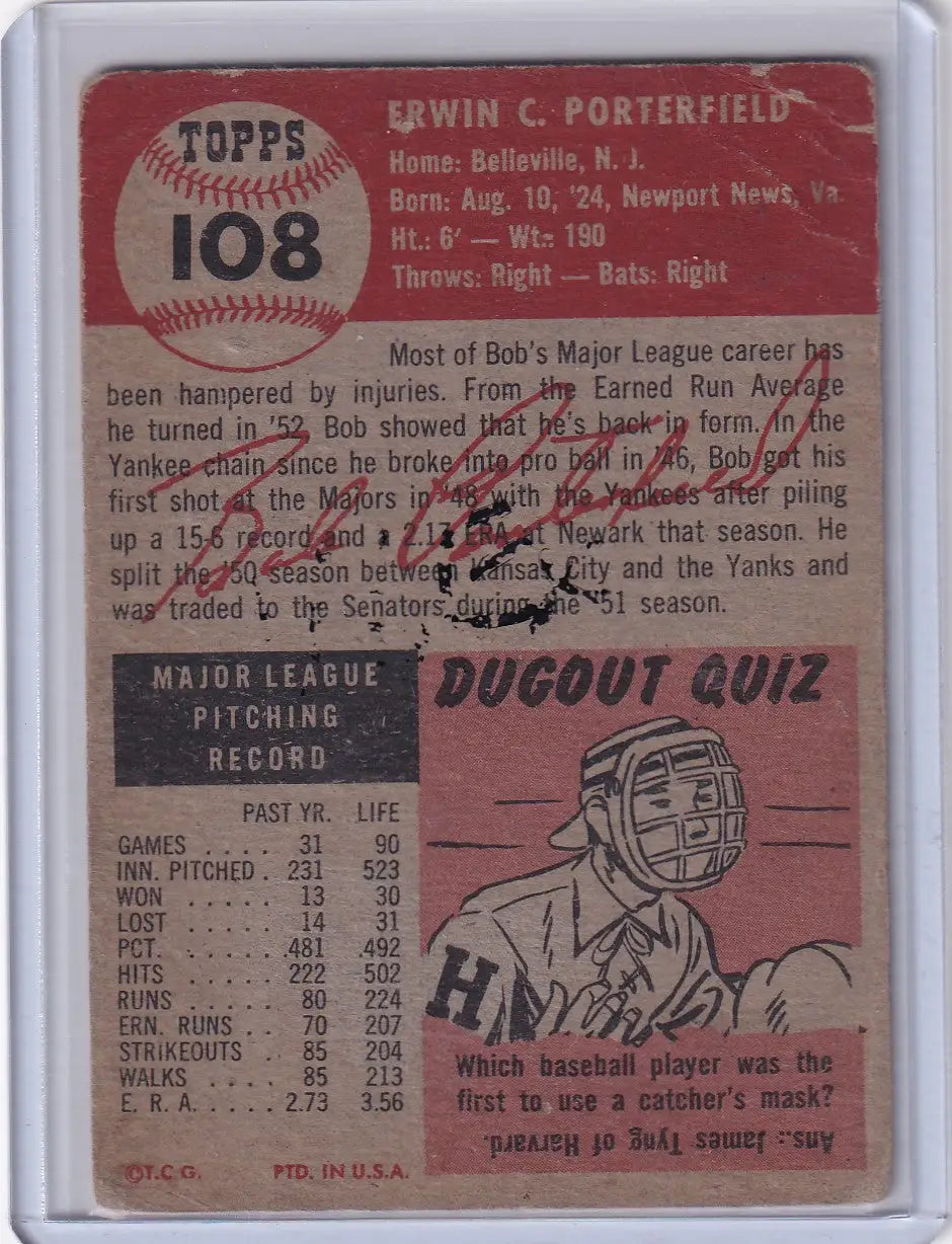 Vintage Topps Baseball card #108 featuring Bob Porterfield of the Washington Senators
