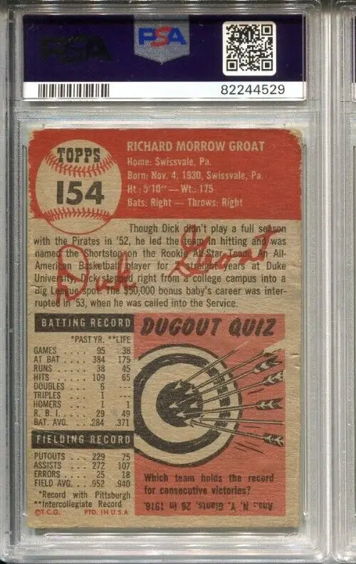 Graded 1953 Topps Baseball Dick Groat PSA DNA 1 AUTO Grade 10 Signed Trading Card