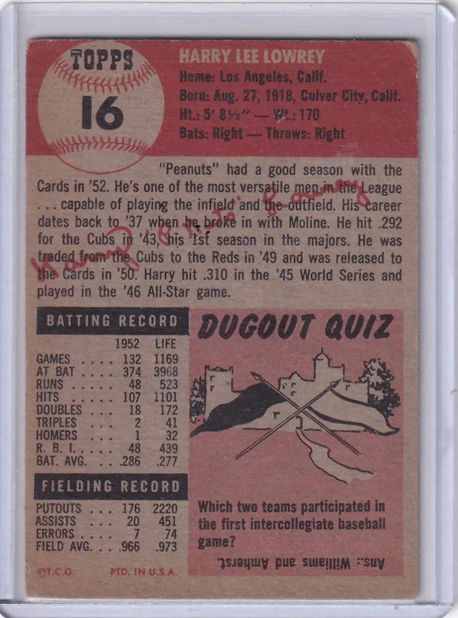 1953 Topps Baseball #16 Peanuts Lowrey - St. Louis Cardinals DP
