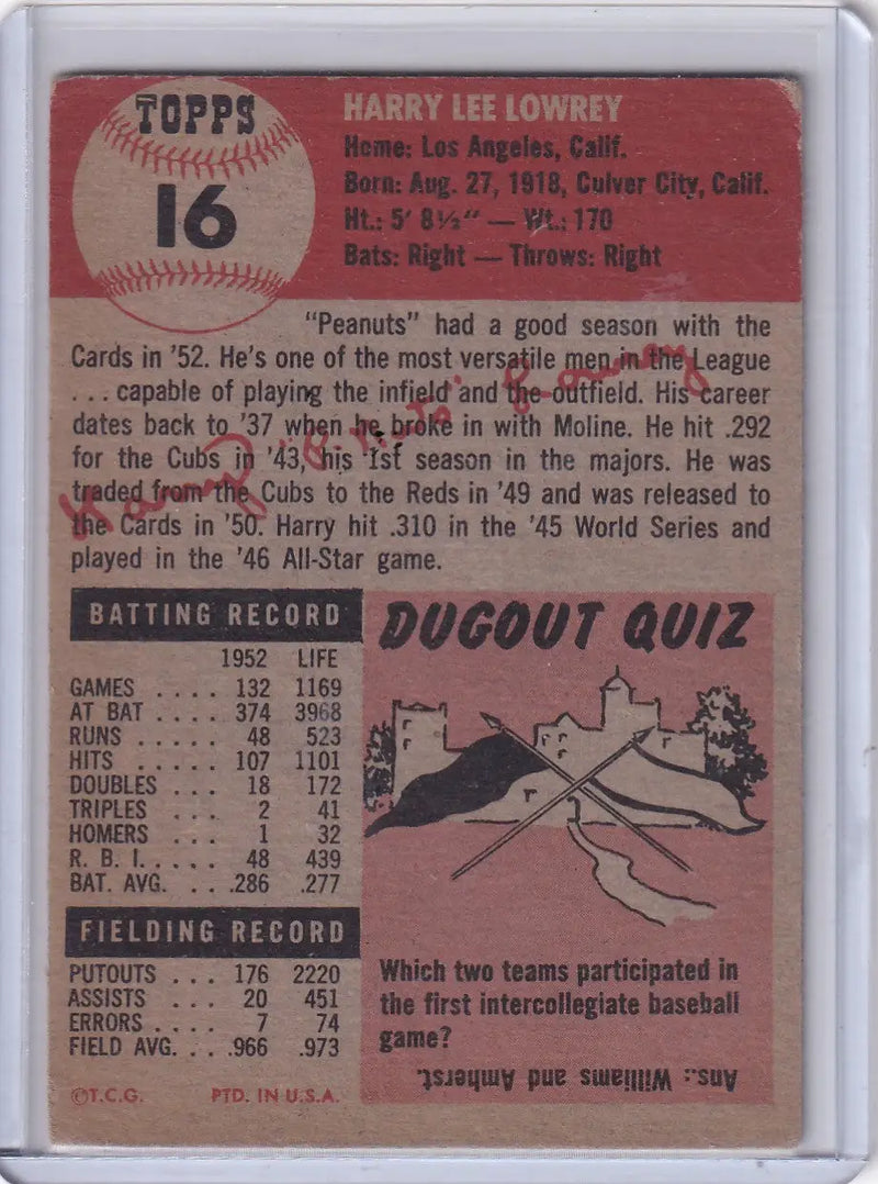 1953 Topps Baseball #16 Peanuts Lowrey - St. Louis Cardinals DP