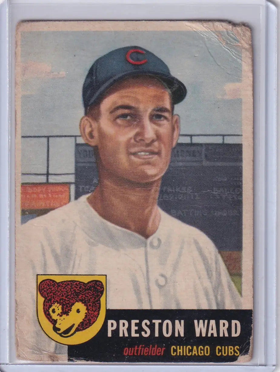 Vintage 1953 Topps Baseball card of Preston Ward, Chicago Cubs outfielder in uniform