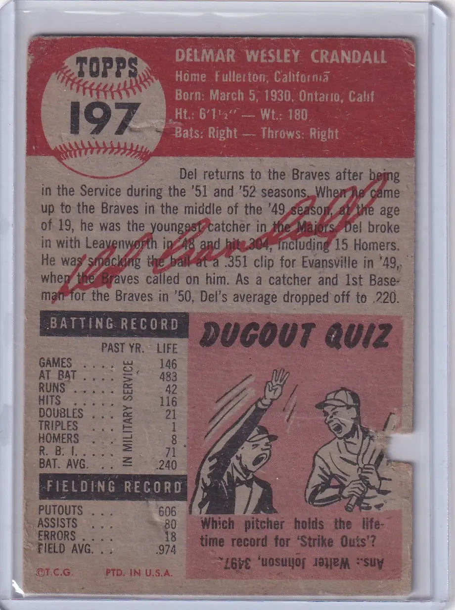 1953 Topps Baseball #197 Del Crandall - Milwaukee Braves