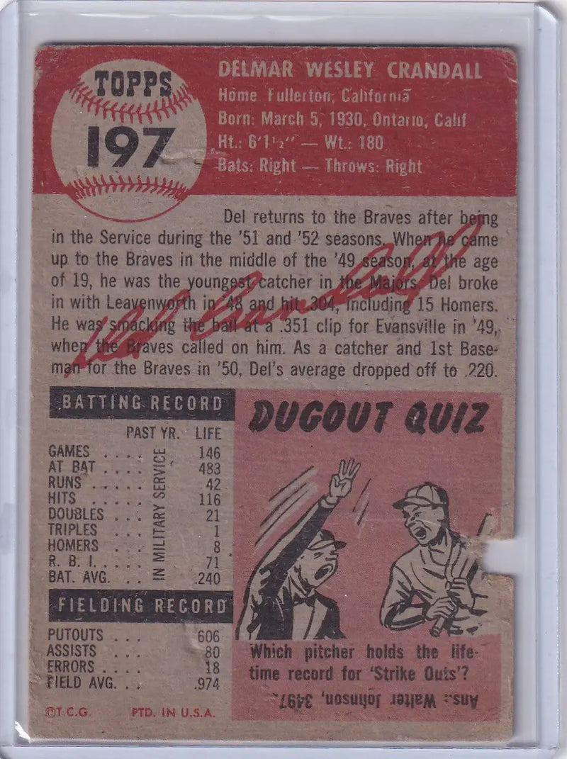 1953 Topps Baseball #197 Del Crandall - Milwaukee Braves