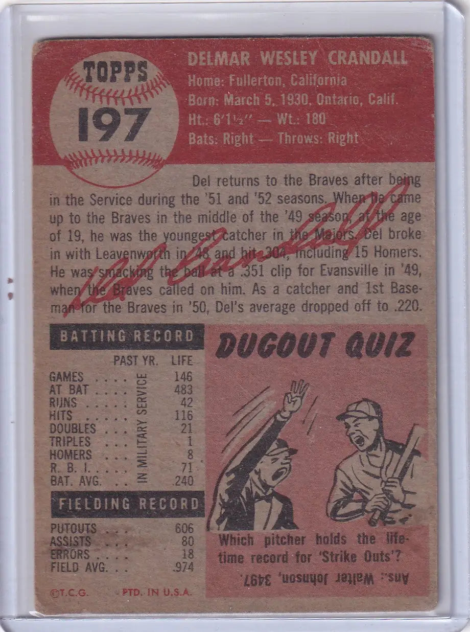 Vintage 1957 Topps Baseball card featuring Del Crandall of the Milwaukee Braves