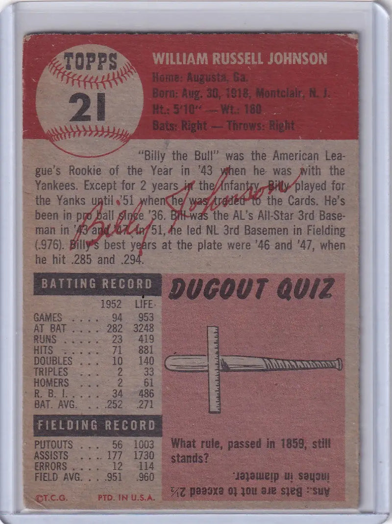 1953 Topps Baseball #21 Billy Johnson - St. Louis Cardinals