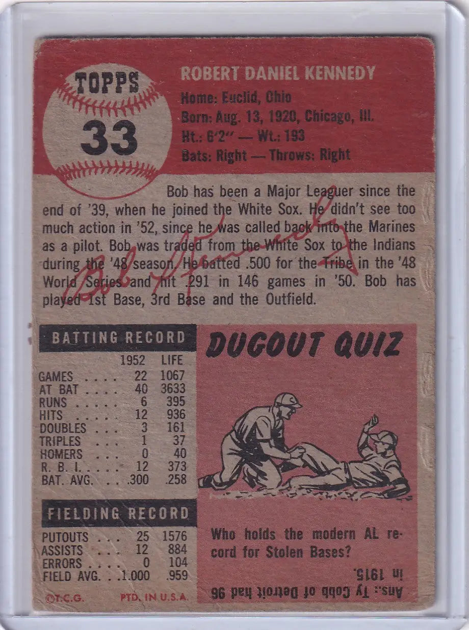1953 Topps Baseball #33 Bob Kennedy - Cleveland Indians DP