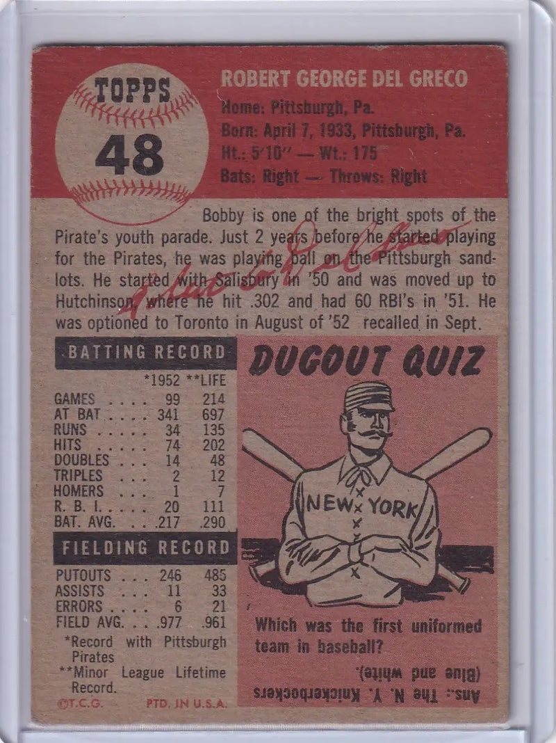 1952 Topps Baseball card #48 of Bobby Del Greco, Pittsburgh Pirates player image