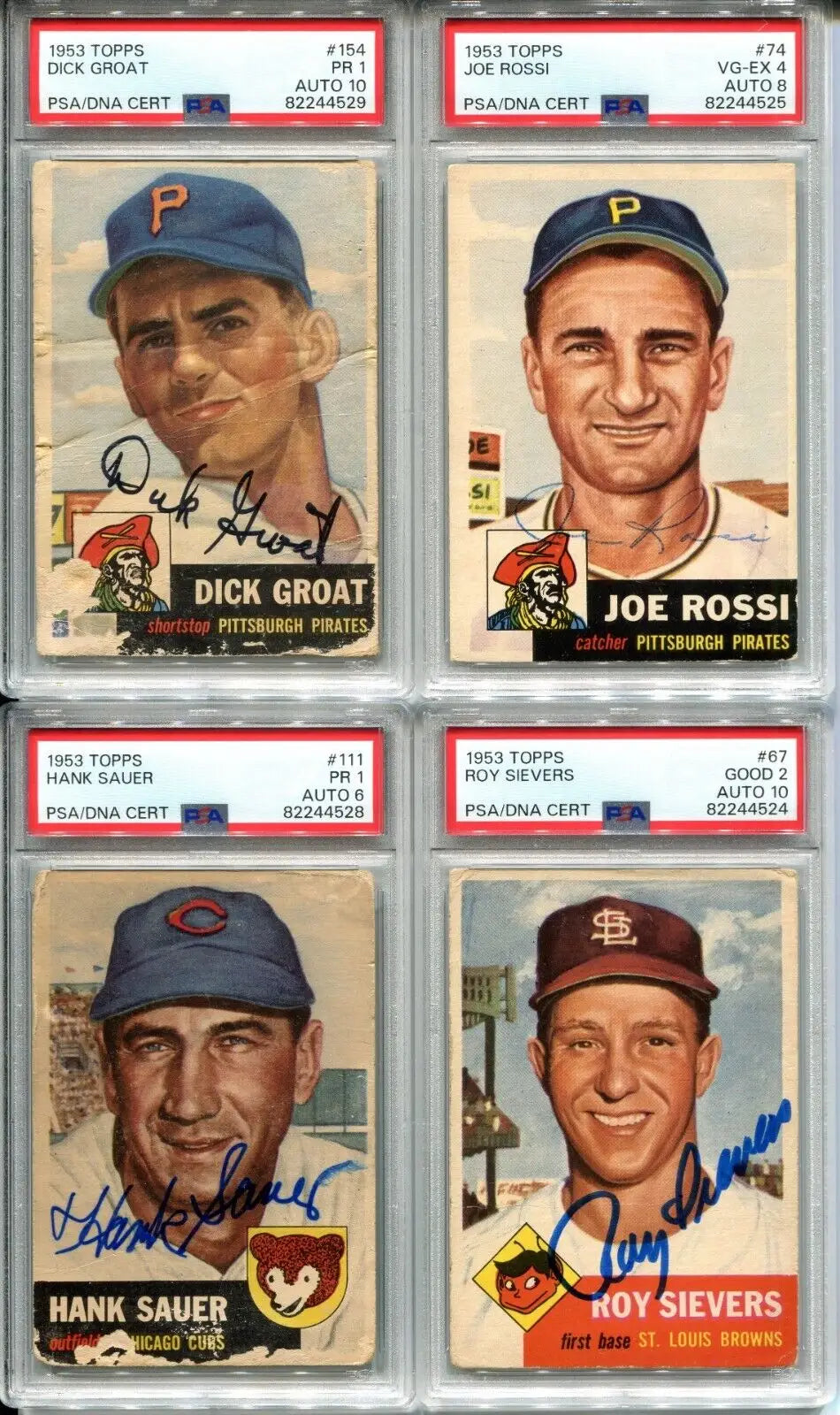 Four autographed vintage trading cards including Roy Sievers PSA DNA 2 AUTO Grade 10
