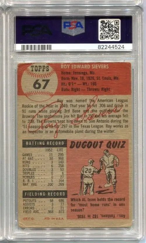 Graded 1953 Topps Roy Sievers Trading Card PSA DNA 2 Auto Grade 10 Signed Collectible