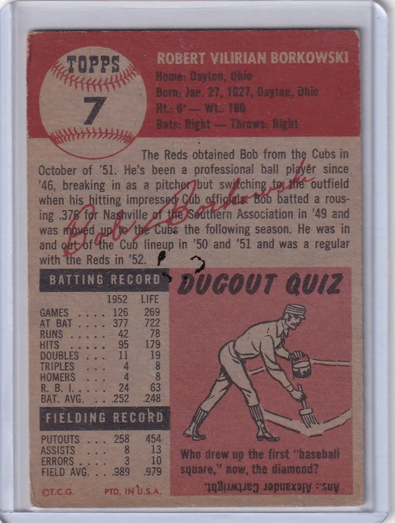 1953 Topps Baseball #7 Bob Borkowski - Cincinnati Reds DP