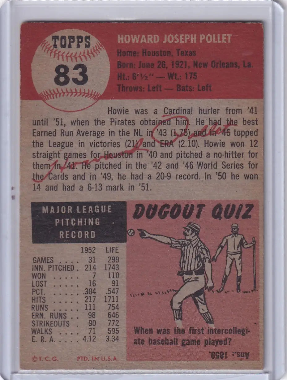 Vintage 1953 Topps Baseball card #83 Howie Pollet with Pittsburgh Pirates stats