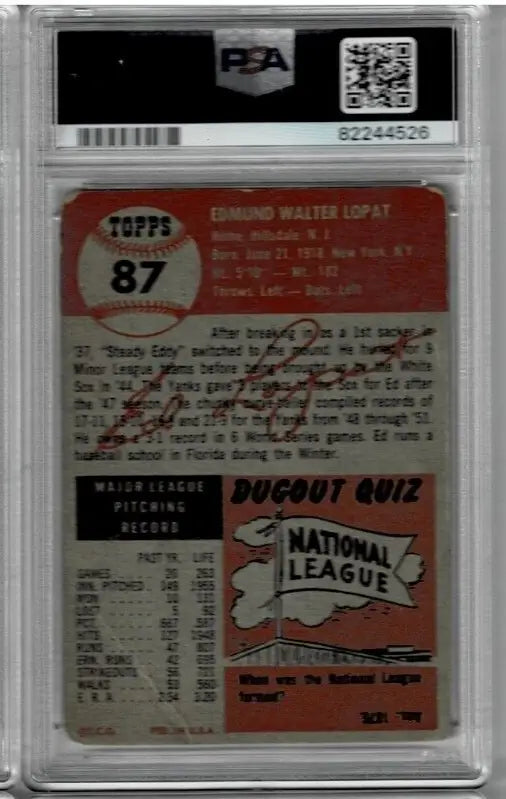 Graded baseball card of 1953 Topps #87 Ed Lopat with PSA DNA autograph for collectors