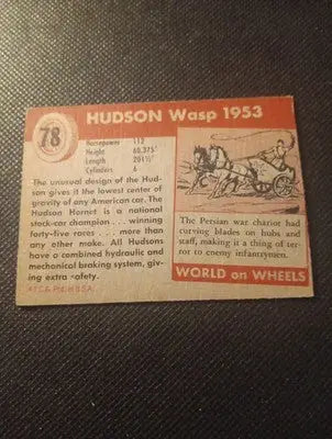 1953 Topps World Of Wheels Hudson Wasp #78. Trimmed. VG-EX - Racing Card Single