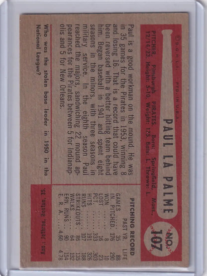 Vintage baseball card of Paul LaPalme from the Pittsburgh Pirates 1954 Bowman #107