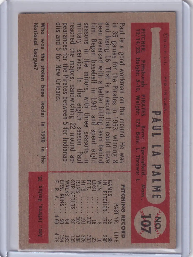 Vintage baseball card of Paul LaPalme from the Pittsburgh Pirates 1954 Bowman #107