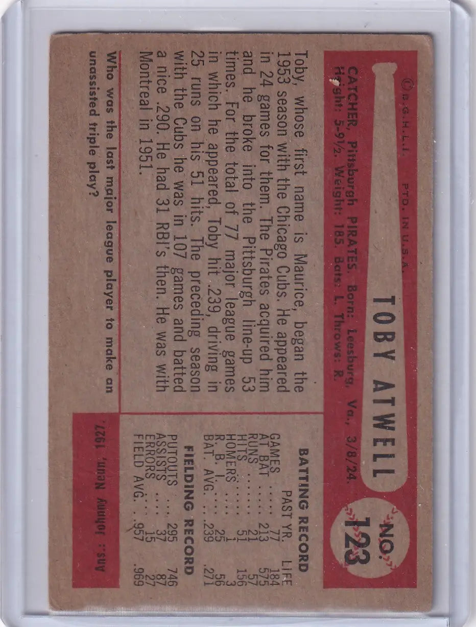 Vintage baseball card of Toby Atwell from the Pittsburgh Pirates 1954 Bowman series
