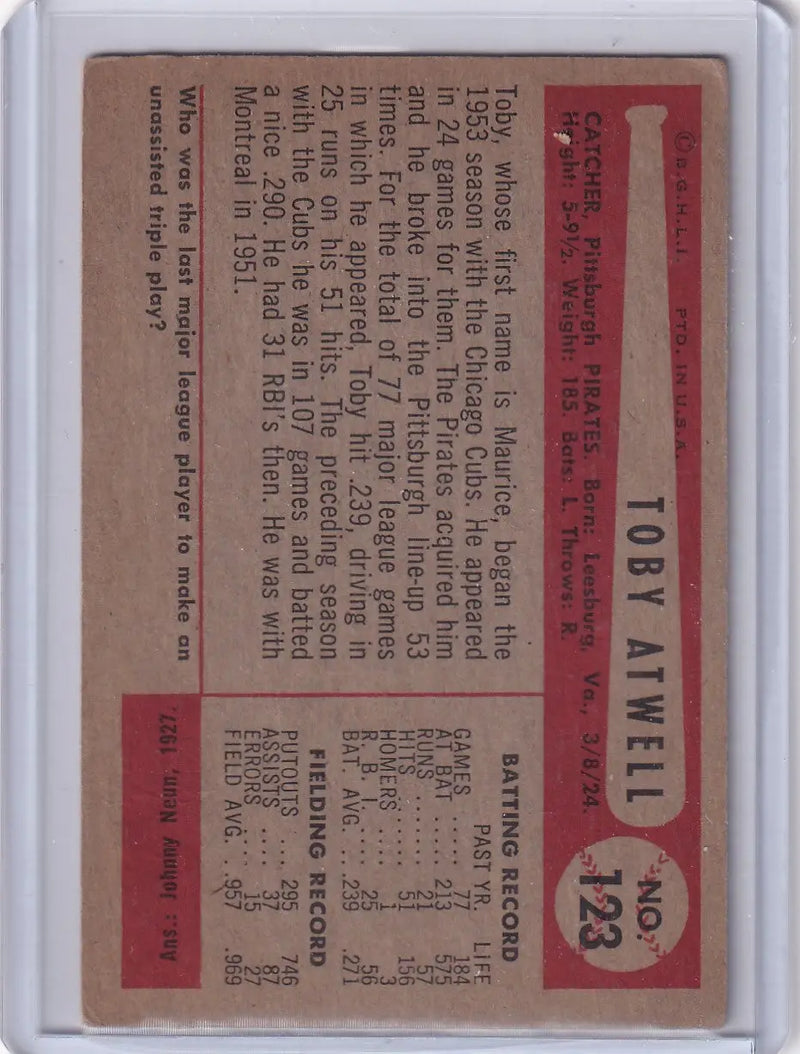 Vintage baseball card of Toby Atwell from the Pittsburgh Pirates 1954 Bowman series
