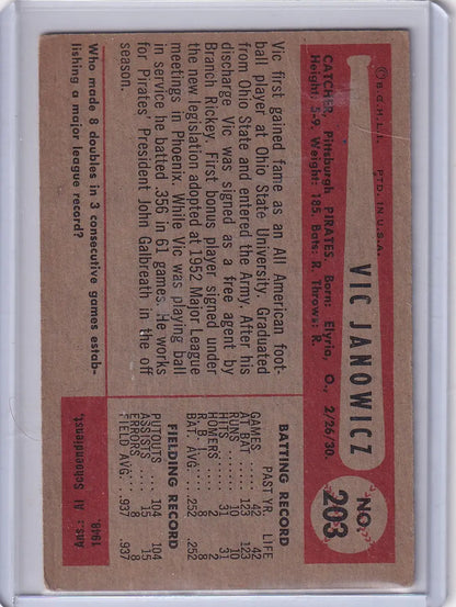 Vintage Vic Janowicz baseball card from 1954 Bowman featuring Pittsburgh Pirates player