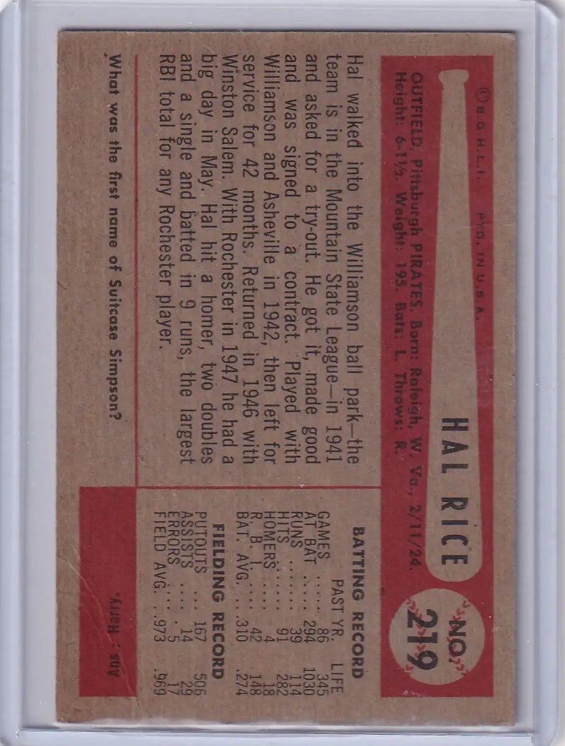 Vintage Hal Rice baseball card from 1954 Bowman featuring Pittsburgh Pirates player
