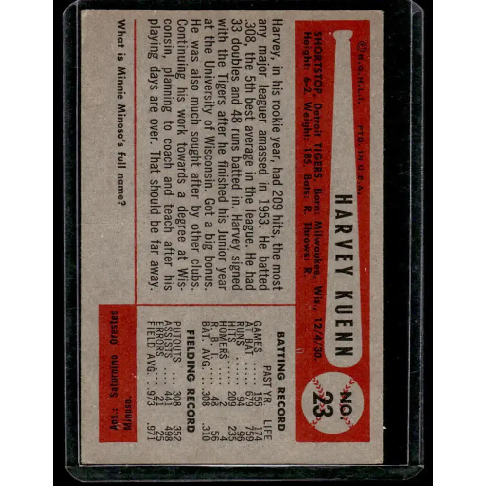 1954 Bowman #23 Harvey Kuenn Detroit Tigers EX Excellent - Baseball Card Single